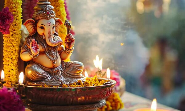 Beautiful Statue of Lord Ganesha With Flowers and Smoke
