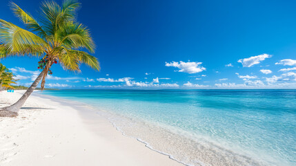 Fototapeta premium Palm tree on a white sand beach with turquoise water.