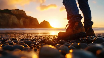 Close-up of hiking boots on rocky beach at sunset, capturing adventure, exploration, and nature's beauty. Ideal for travel and outdoor themes.