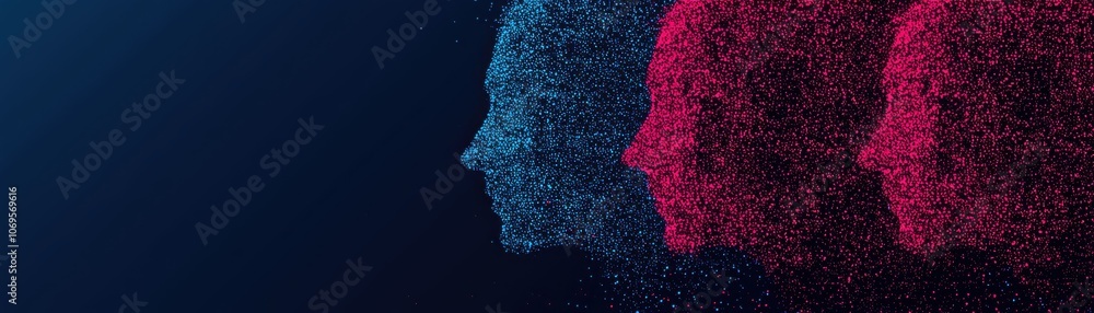 Poster a vibrant digital illustration showing two abstract faces in blue and red, created with a swirling p