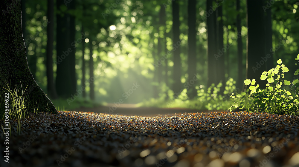 Poster serene forest path surrounded by lush greenery and dappled sunlight, inviting exploration and tranqu