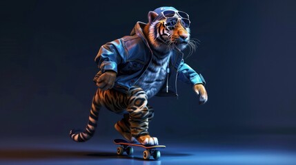 Obraz premium Tiger wearing trendy clothes and sunglasses and skateboarding on dark blue background,