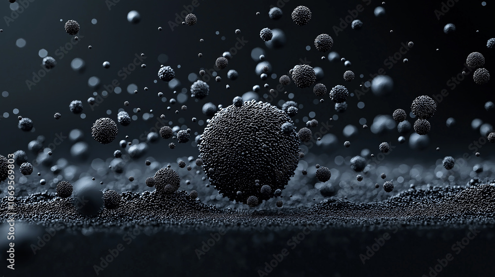 Poster high definition virus particles floating in dark environment, creating sense of depth and intrigue. 