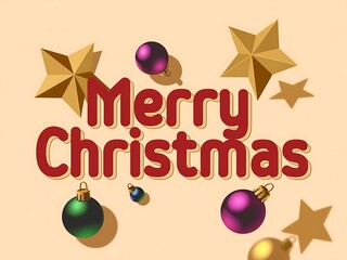 3D Red "Merry Christmas" Greeting with Gold Stars and Ornaments