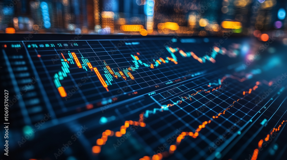 Poster financial market fluctuation: a close-up of a computer screen displaying a stock market chart with a