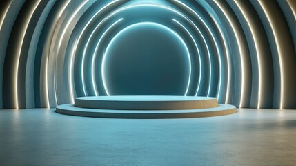 Obraz premium Abstract circular platform with glowing blue rings in a minimalist setting.