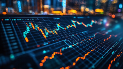 Financial Market Fluctuation: A close-up of a computer screen displaying a stock market chart with a blurred city skyline in the background. The chart shows a dynamic, fluctuating line graph.