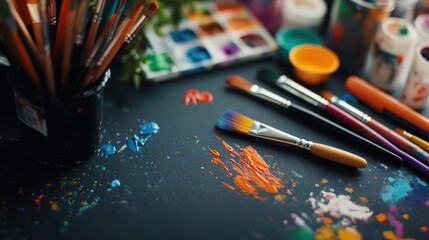 Fototapeta premium Colorful art supplies including paintbrushes and pencils on a table, with vibrant splashes of paint creating an inspiring creative workspace.