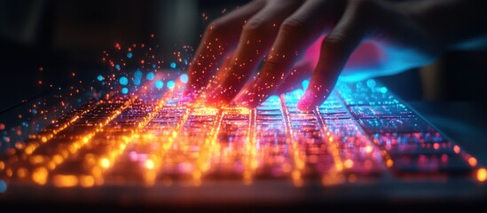 A hand types on a keyboard, with glowing lights coming from the keys, creating a magical effect.