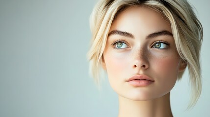 Naklejka premium Wide angle, Lifestyle photo of a woman in deep thought, furrowing her brows with her eyes narrowed, portraying a moment of concentration, 4k resolution, Plain background, cinematic scene