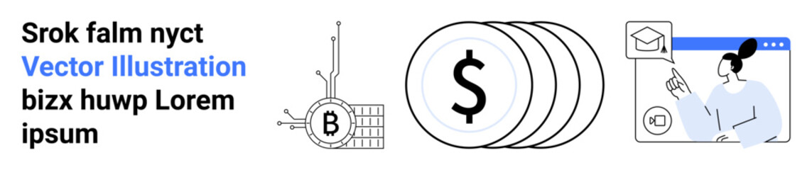 Bitcoin chart, financial coins with dollar sign, and female educator holding pen. Ideal for finance blogs, educational tools, online courses, financial planning, cryptocurrency guides, e-learning