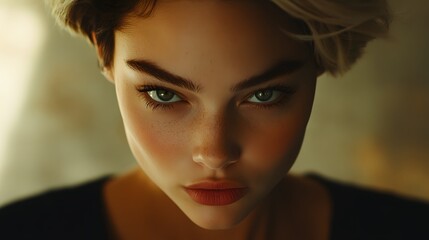 Wide angle, Lifestyle photo of a woman showing anger, lips pressed together tightly, brows furrowed, eyes intense, 4k resolution, Plain background, cinematic scene