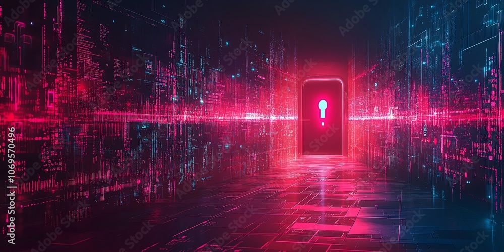 Poster a glowing keyhole on a digital phone screen in a cyberspace corridor.