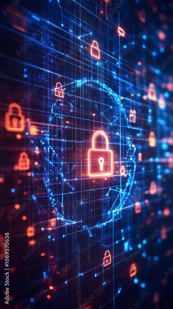 Poster A glowing padlock in a digital network of connected data points represents online security and privacy.