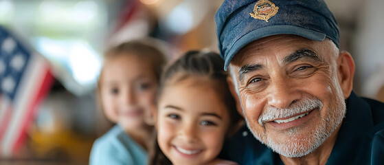 Navy veteran smiles with grandchildren while celebrating veterans day