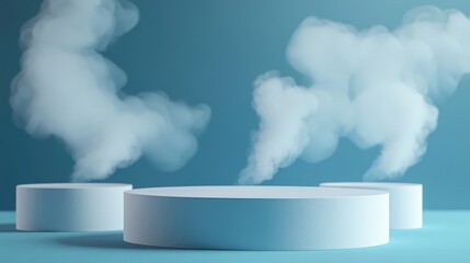 Three White Cylinders on a Blue Surface with White Smoke