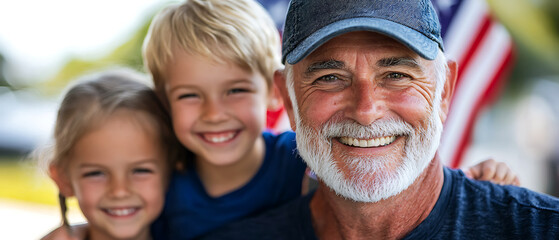 Navy veteran smiles brightly with grandchildren celebrating veterans day together