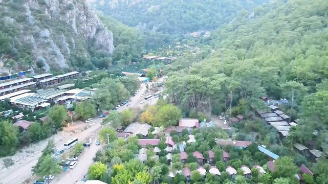 The scenic view of the ancient city of Olympos by drone