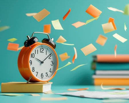 A dynamic composition featuring an orange alarm clock amidst colorful sticky notes on a teal background, suggesting themes of organization and time management.