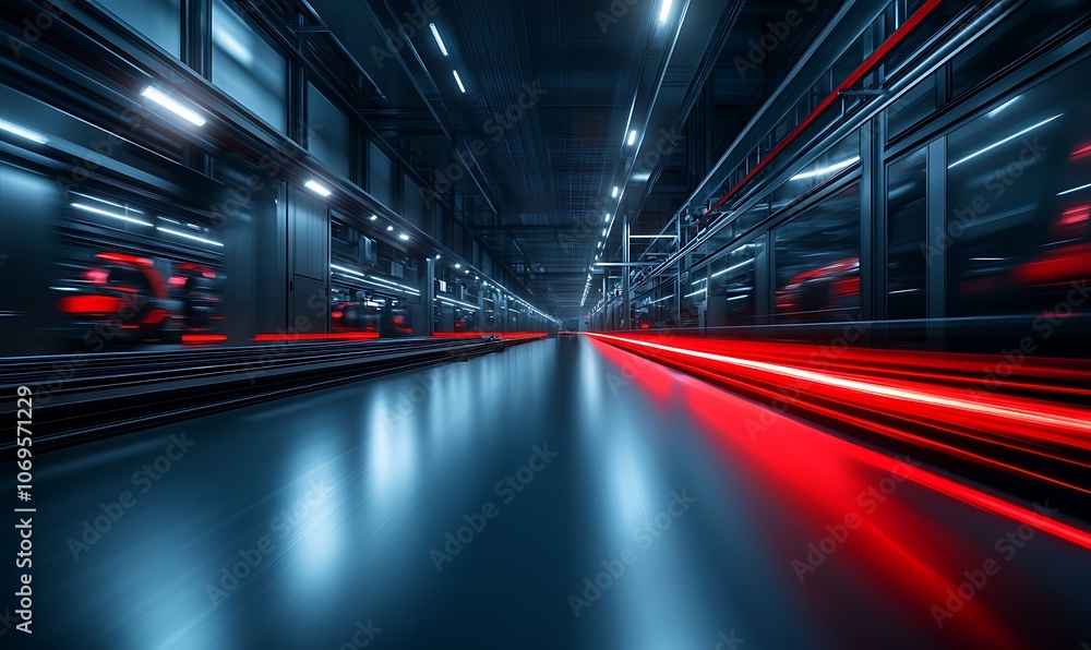 Poster A futuristic warehouse interior with dynamic lighting effects, showcasing a blend of red illumination and sleek modern architecture.