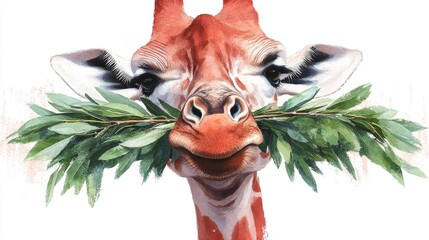 A close-up portrait of a giraffe with a mouthful of leaves.