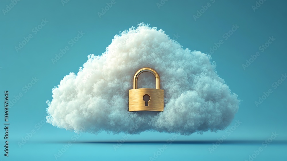 Poster a golden padlock is placed on a white cloud, symbolizing secure cloud storage.