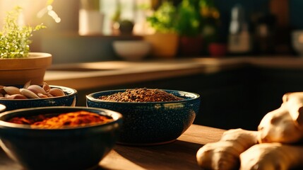 Cozy kitchen scene with bowls of vibrant spices and fresh herbs, capturing the essence of home cooking in warm natural light.