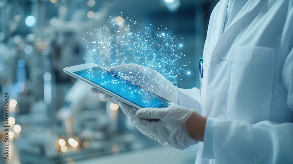 Poster scientist using tablet in laboratory, showcasing digital data visualization and technology integrati