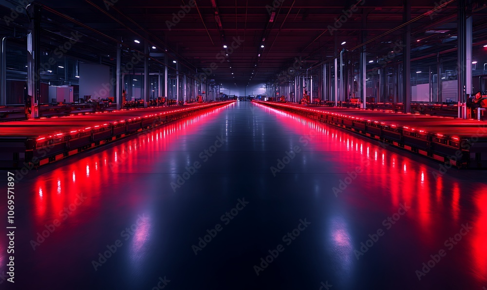 Poster A dark industrial space illuminated by red lights, highlighting a long pathway, creating a futuristic and moody atmosphere.