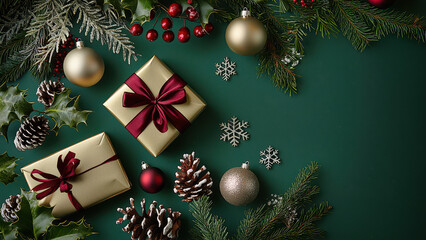 Christmas gifts with burgundy ribbons, pinecones, and greenery on green backdrop, ideal for holiday celebrations