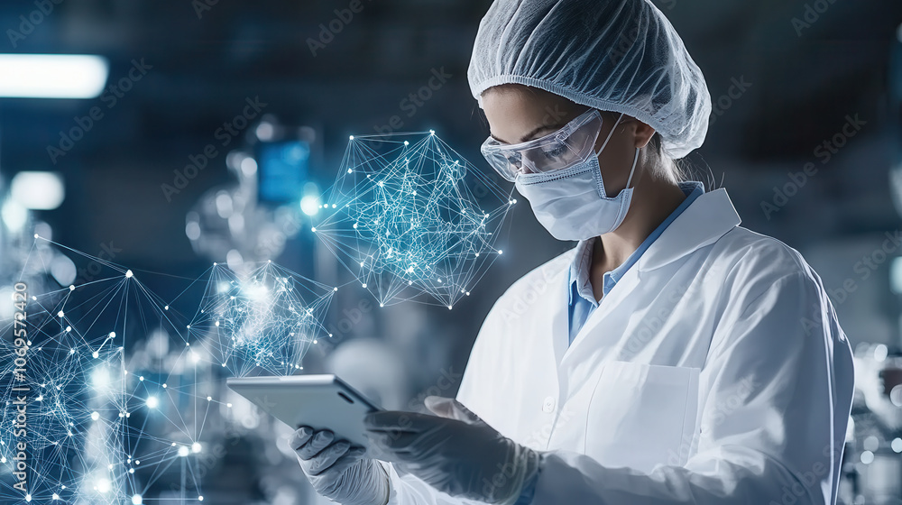 Poster worker in high tech factory uses tablet to analyze data, showcasing advanced technology and innovati