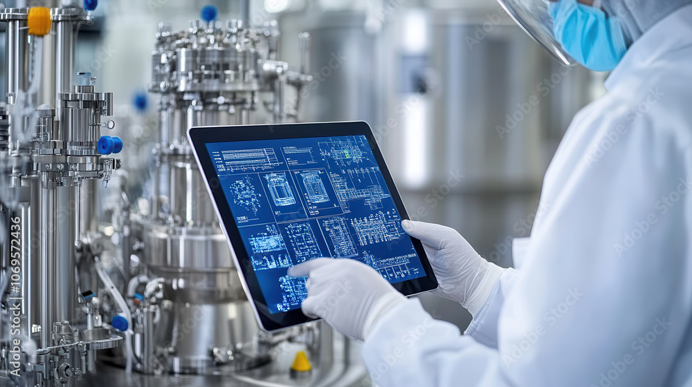 Poster worker in high tech industrial environment uses tablet to monitor processes, showcasing advanced tec