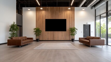 Modern Office Lounge Area with Large Monitor Display