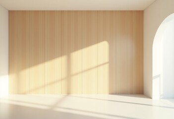 Spacious Curved Room with Light Wood Panels: Natural Lighting, Soft Shadows, Realistic Texture, Empty Interior, White Ceiling and Floor, Warm Ambiance, 