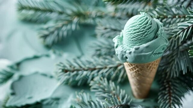Mint ice cream scoop melts in a waffle cone on pine branches, with cool greens, blues, and turquoise, a refreshing summer treat