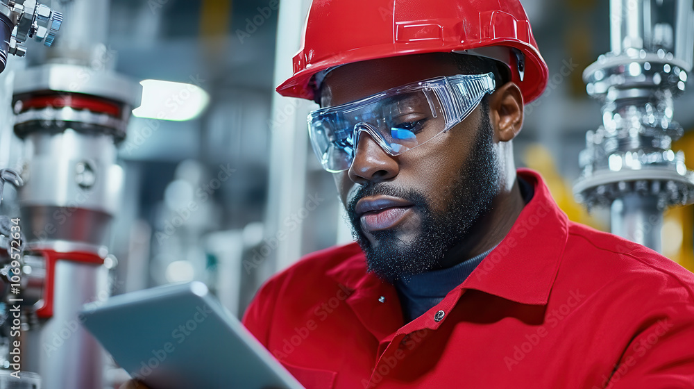 Poster worker in modern factory setting uses tablet to monitor operations, showcasing focus and professiona
