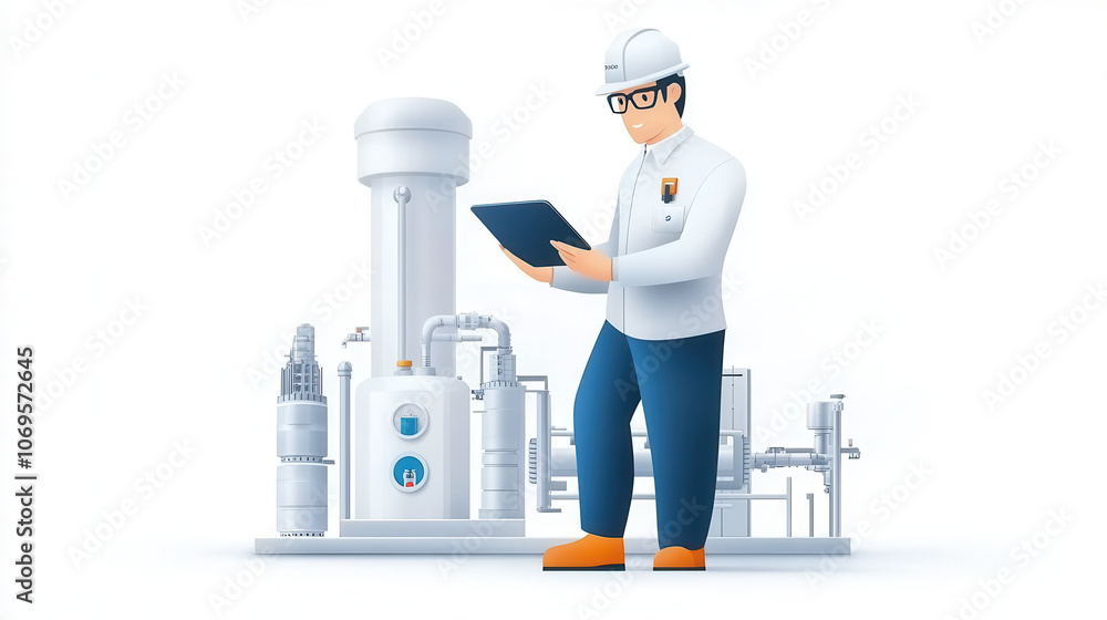 Poster worker in modern factory setting uses tablet to monitor operations, showcasing technology and effici