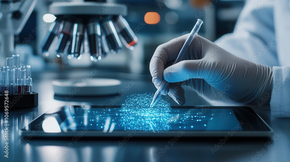 Poster scientist in lab using tablet to analyze data, showcasing modern technology in research. atmosphere 