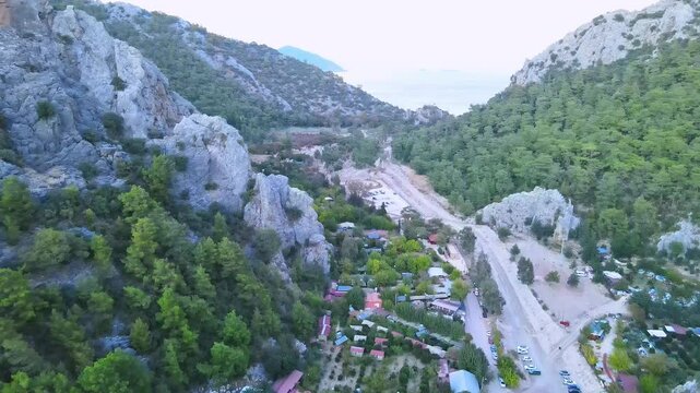 The scenic view of the ancient city of Olympos by drone