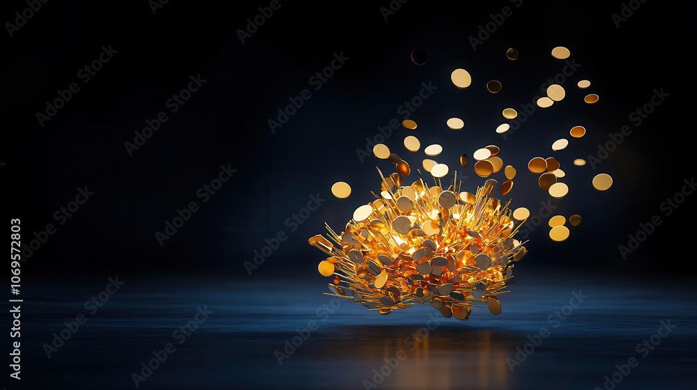 Poster dynamic 3d sculpture of golden particles and spikes, creating artistic explosion of light and form. 
