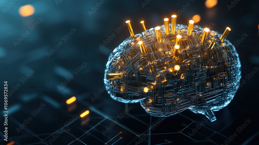 Poster 3d brain sculpture made of golden nails, showcasing intricate details and futuristic design. glowing