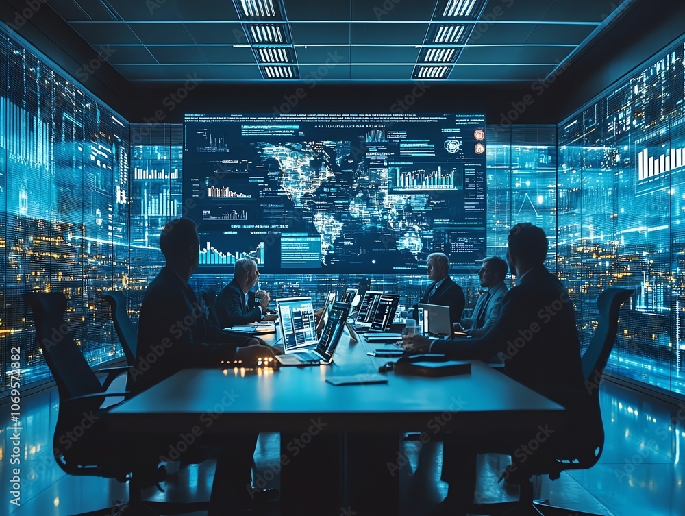 Poster A group of business professionals are gathered in a futuristic meeting room, their silhouettes visible against a large screen displaying complex data visualizations and a world map.