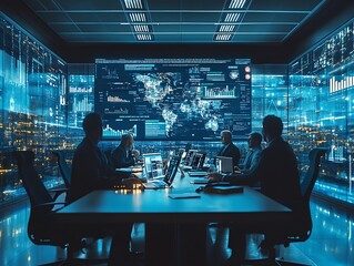A group of business professionals are gathered in a futuristic meeting room, their silhouettes visible against a large screen displaying complex data visualizations and a world map.