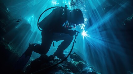 Fototapeta premium Silhouette of a Diver performing a welding task underwater, AI generated image