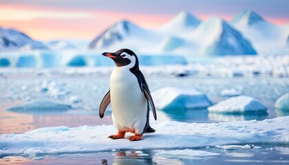 Fototapeta premium Majestic penguin on iceberg at sunrise in antarctic landscape