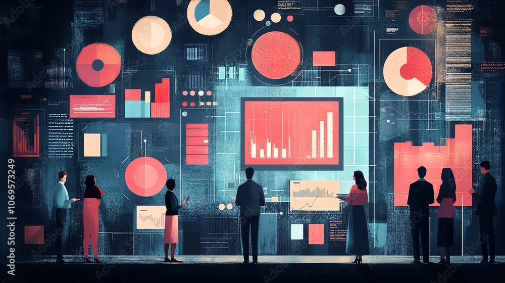 Poster a group of diverse business professionals stand in front of a wall displaying graphs and charts.
