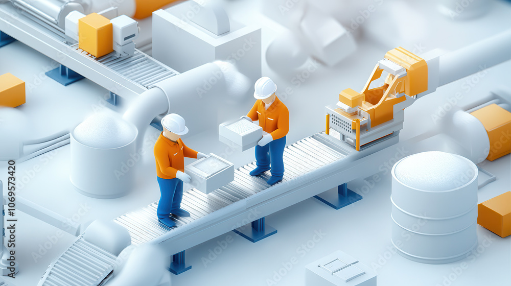 Poster efficient factory production lines with workers handling packages in modern industrial setting. scen