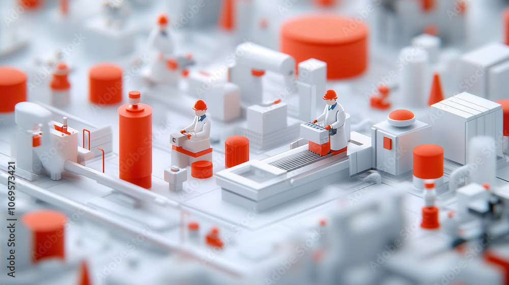 Poster factory production lines in axonometric style with workers in red and white. scene captures vibrant 