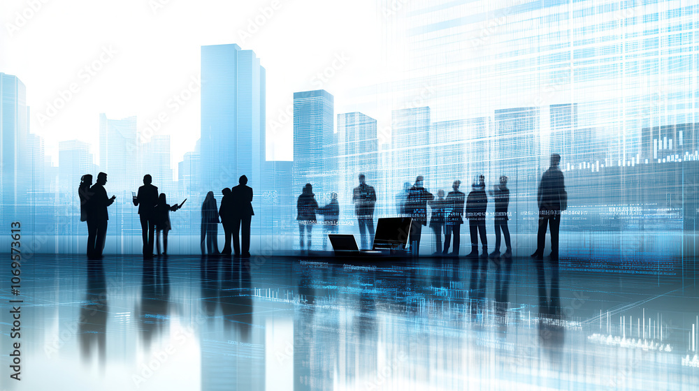 Poster high tech office with team collaborating in modern urban environment, showcasing silhouettes against