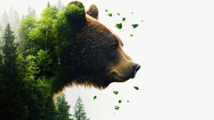 Double exposure of a bear and forest, blending wildlife and nature in a creative concept art illustration.